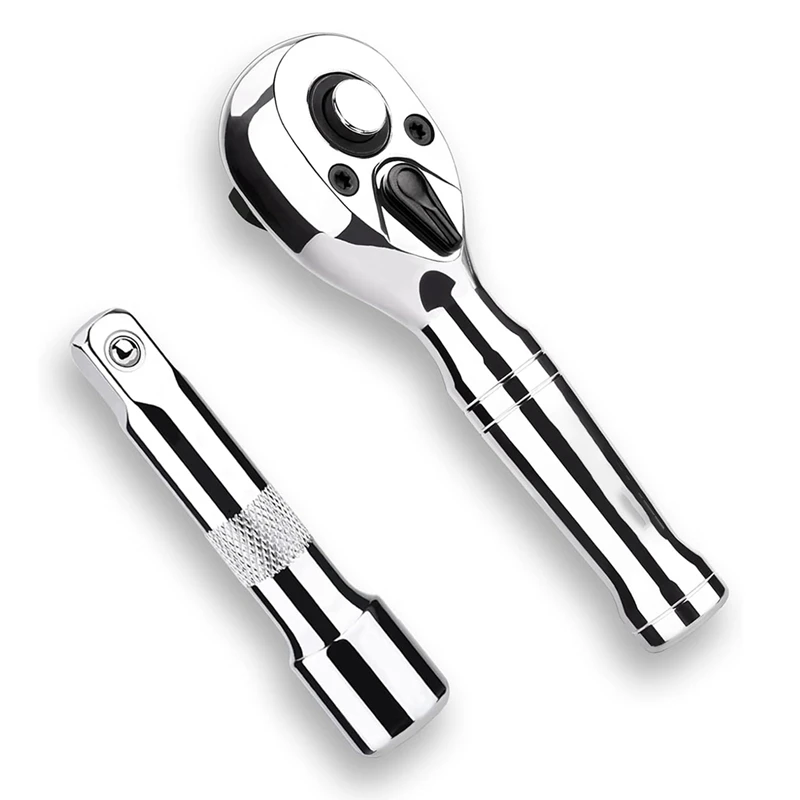 Stubby Ratchet Set-3/8In Drive Ratchet Handle With Extension Bars,72-T Reversible Quick Release Head Mini Ratchet Wrench Durable