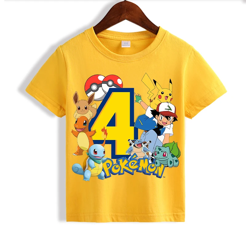 Pokemon Pikachu Yellow T-shirts for Children Anime Short Sleeved Shirt Boys Girls Summer Fashion Number 1-10 Tops Kids Clothes