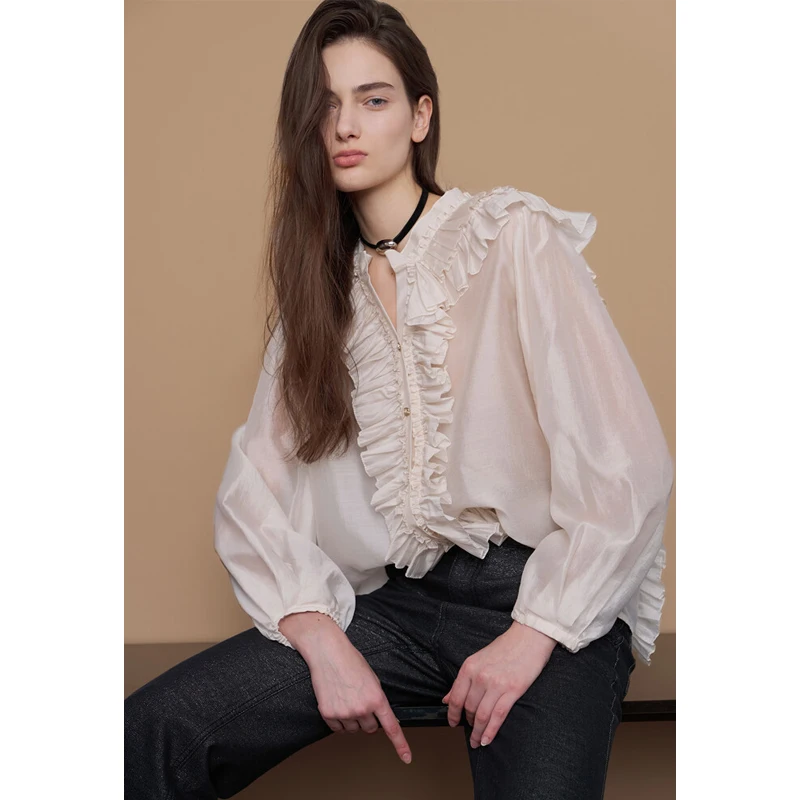 

Ele V-Ne Pleated irt Women's Faion Versatile irt Princ Sle Long Sve Thin Body Slimming Pure Color Button ...