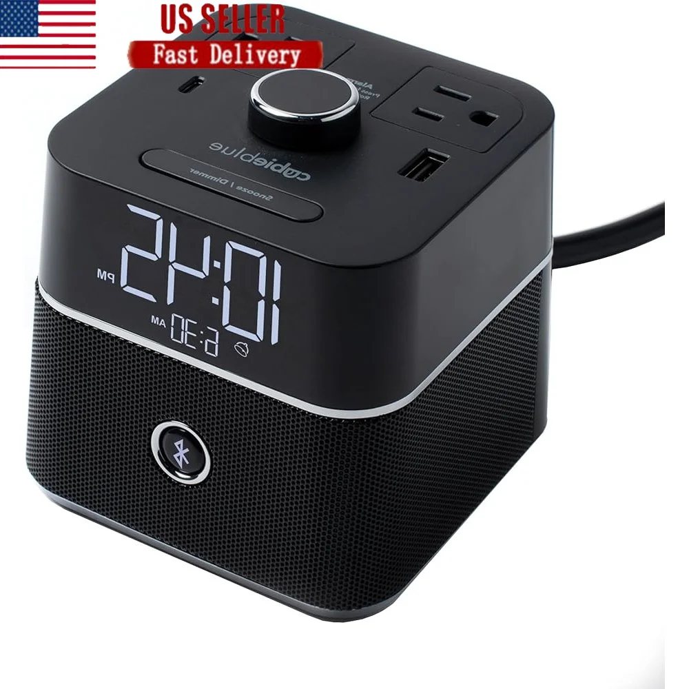 

User Friendly Bluetooth Alarm Clock with 2 USB Charging Ports Tamper Resistant Sockets Surge Protection Modern Design CubieBlue