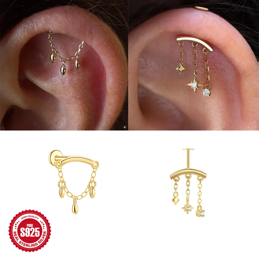 

BOAKO 925 Sterling Silver 1Pc Star Moon Ball Tassel Charms Piercing Earrings For Women 18K Gold Flat Back Thread Party Jewelry