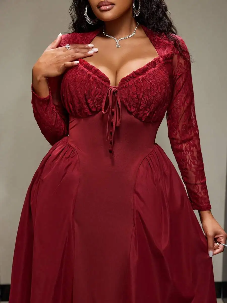 Plus Size Women Elegant A-Line Dress With Lace Details Sweetheart Neckline Long Sleeve view 2