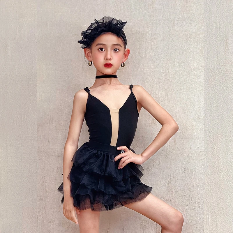 Girls Princess Dress Summer Latin Dance Performance Clothes Puffy Cake Skirt Kids Cha Cha Latin Dance Practice Dress DNV23967