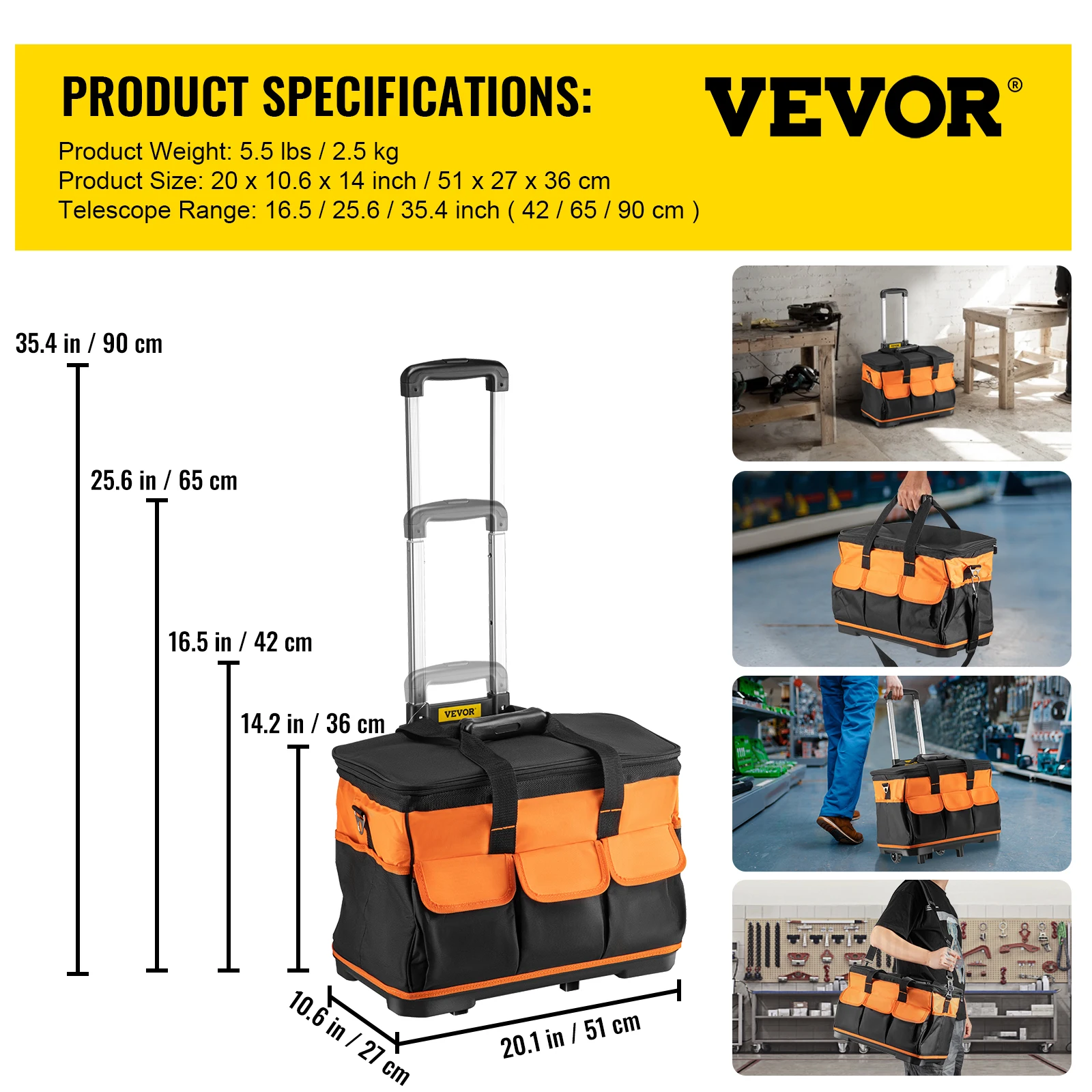 VEVOR Rolling Tool Bag Trolley Large Capacity Electrician Woodworking Tools Storage Bag Organizer Tote Professional Hardware