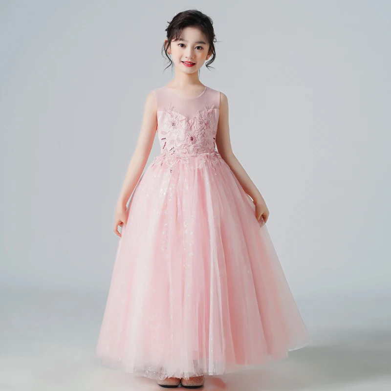 Party Dresses For Weddings Girls Summer Sleeveless Flower Embroidery Mesh One Piece Long Skirt Sweet Princess Costume