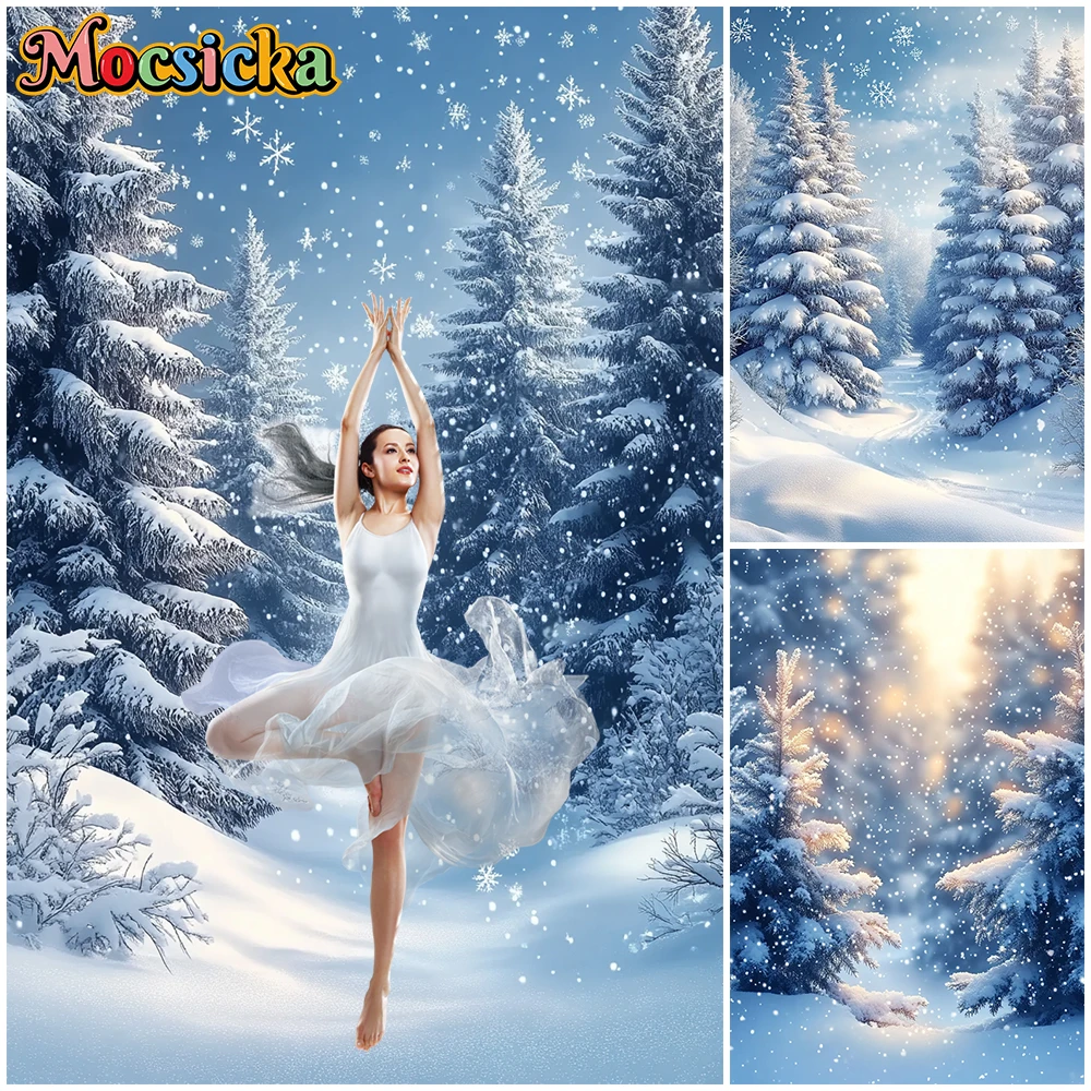 Mocsicka Winter Snow Photography Backdrop Christmas Tree Snowflake Decorations Family Holiday Party Child Adult Photo Background