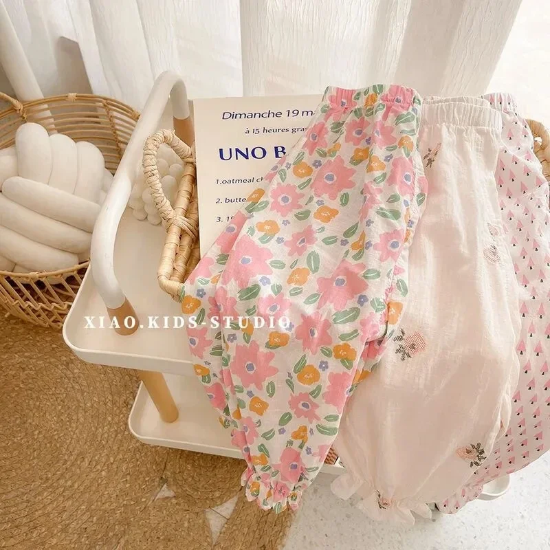 Summer Kids Girls Boys Mosquito-proof Leggings New Fashion Casual Flowers Pants Children Floral Korean Style Loose Clothing 1-6Y