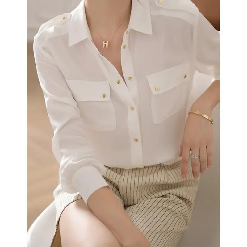 Summer Women's Shirt Double Pocket Long Sleeve POLO Collar Single Breasted Loose Solid Professional Commuter Retro Top A264