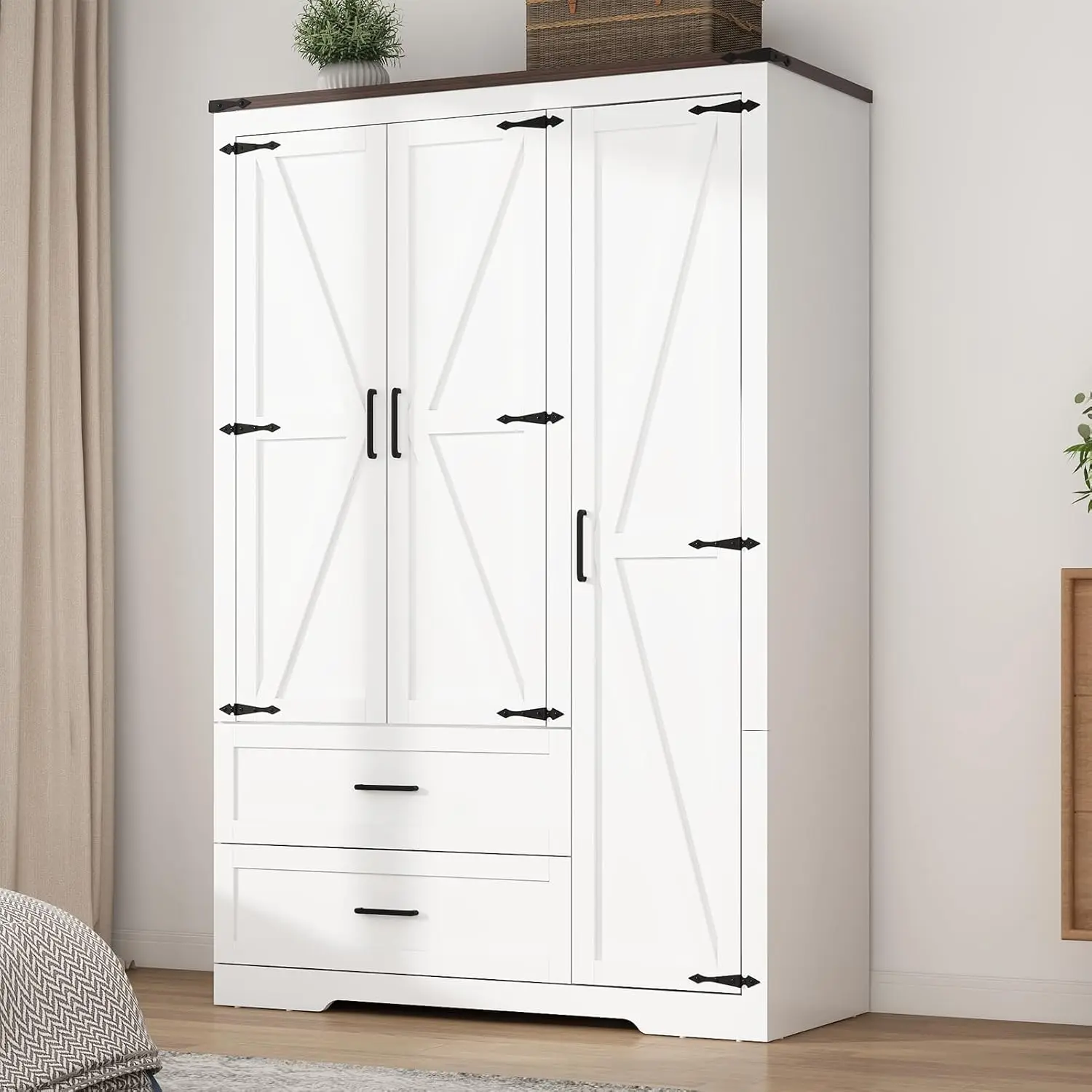 

3 Doors Wardrobe Armoire Closet with Doors and Drawers, Farmhouse Wooden Armoire Storage Cabinet, White