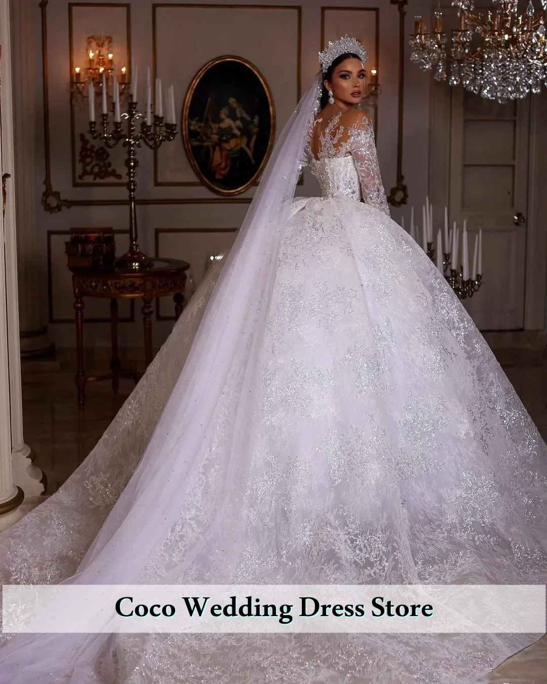 فساتين زفاف فاخرة مخصصة من الدانتيل اللامع ورقبة على شكل V بدون أكتاف وأكمام طويلة وخرز لؤلؤ ترتر فيستدوس دي نوفيا