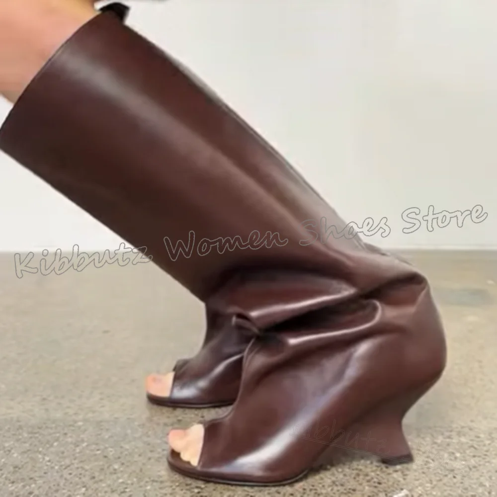 

Peep Toe Sandal Boots Knee High Solid Color Suede Leather Fashion Novelty Sexy Elegant Concise Women Shoes Newest Strange Heels