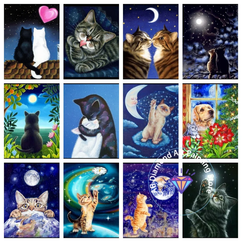 

Cat Moon Animal AB Diamond Painting Kit Square Round Diamond 5D DIY Mosaic Handmade Art Adult Exquisite Gift Crafts Home Decor