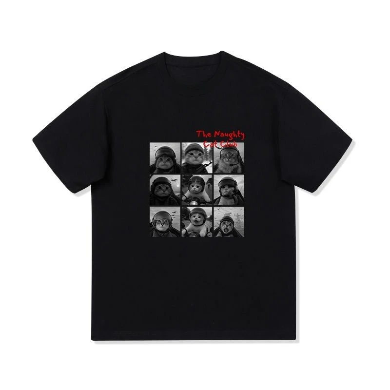 Grey Helmet Cat Nine-square Grid Creative Text Fun Short-sleeved New Couple for Men and Women