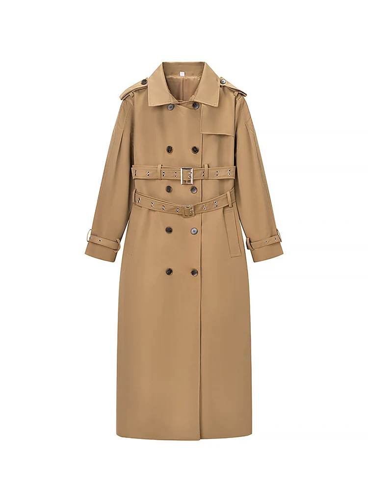 

Новый женский модный и универсальный однотонный длинный плащ в европейском стиле с двойным поясом и пуговицами.