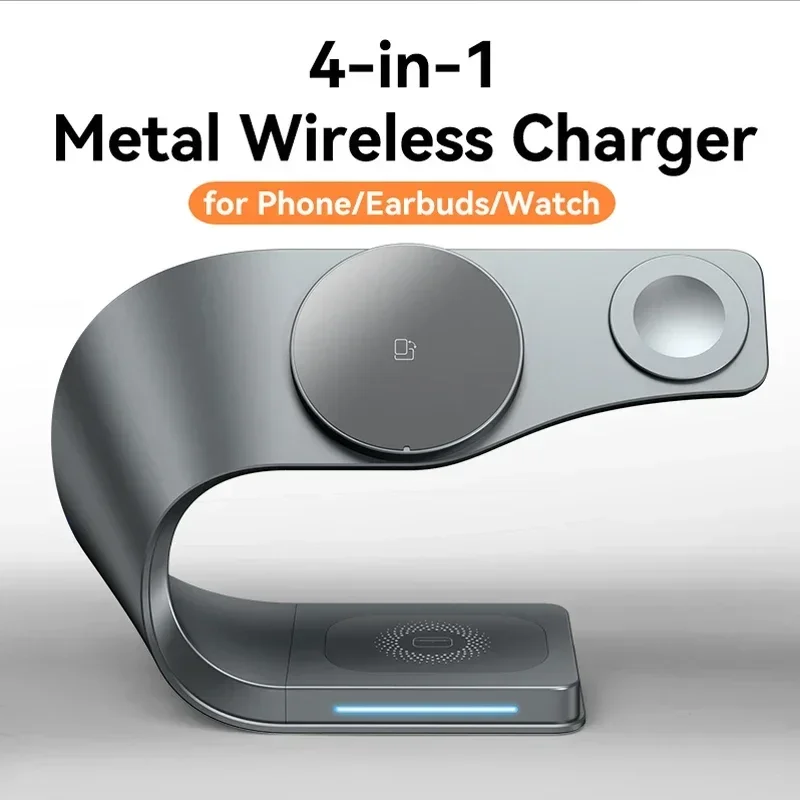 

4 in 1 Metal Shell Wireless Charger for iPhone 15 14 13 12 Magnetic Fast Charging Station Stand Dock for Apple Airpods Watch