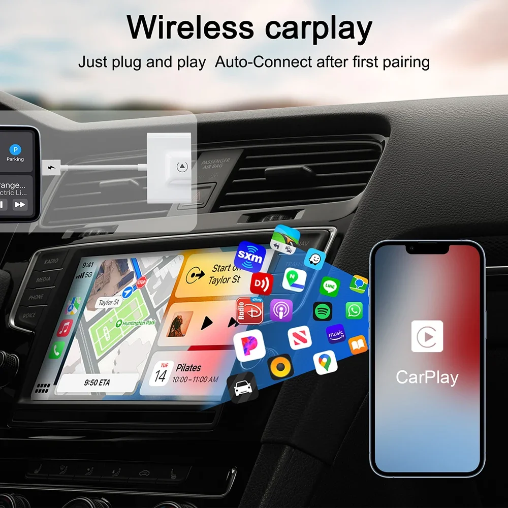 iPhone用CarPlayワイヤレスアダプター、有線CarPlayをワイヤレスCarPlayに変換するドングル、有線からワイヤレスCarPlay、Android Auto対応
