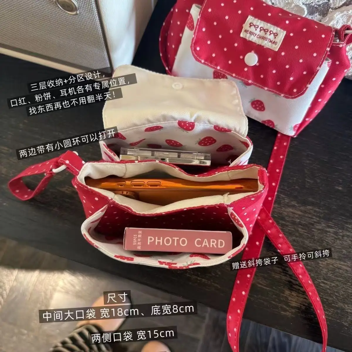 Niedliche Erdbeer-Aufbewahrungstasche, wasserdichte Canvas-Clutch, Lippenstift- und Kissen-Tasche, kleine Alltagstasche, CCD-Aufbewahrungstasche, Geschenk – Detail 6