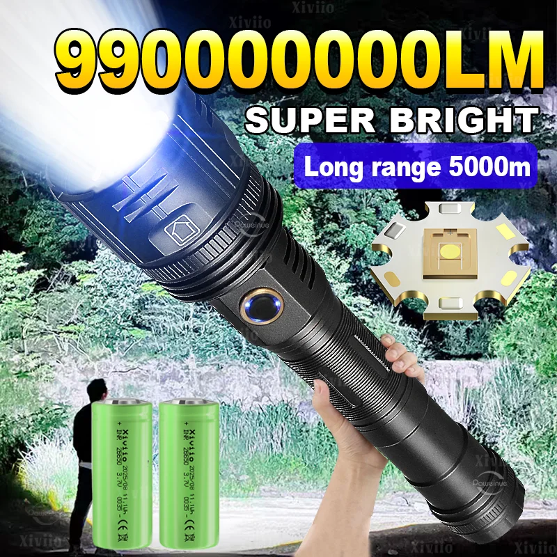 

Сверхмощный светодиодный фонарь 99000000LM, 1000 Вт, суперяркий, перезаряжаемый, тактический, для активного отдыха, дальнобойный, для кемпинга