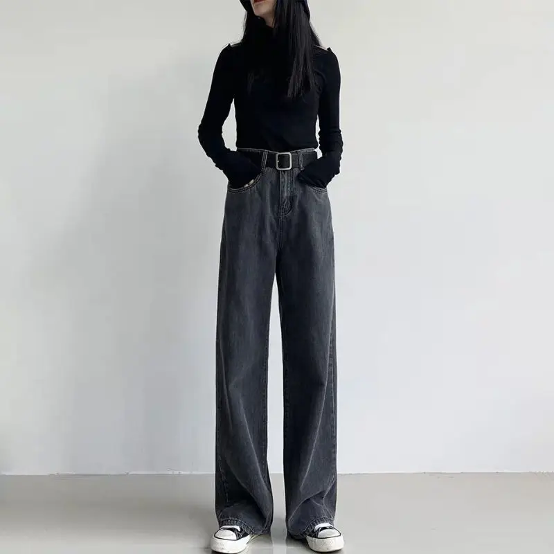 

High Waist Draping Black Grey Denim Jeans Women's Loose Straight BF Style Autumn Long Pants Wide Leg Floor-Length Trousers