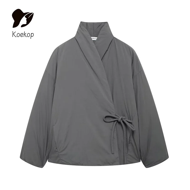 Koekop Women\'s Fashion Solid Color Double Lapel Kimono Style Asymmetric Cotton Suit Vintage Chic Ladies Chic Lady Cotton Suit