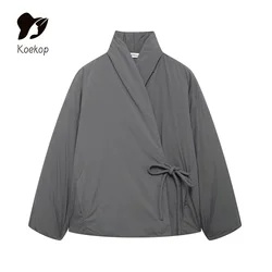 Koekop Women's Fashion Solid Color Double Lapel Kimono Style Asymmetric Cotton Suit Vintage Chic Ladies Chic Lady Cotton Suit