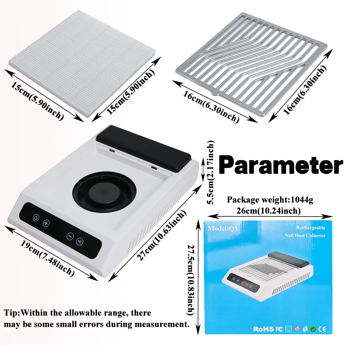 Coletor de pó de unhas profissional recarregável - baixo ruído, sucção poderosa, filtro removível para equipamentos de máquina de manicure