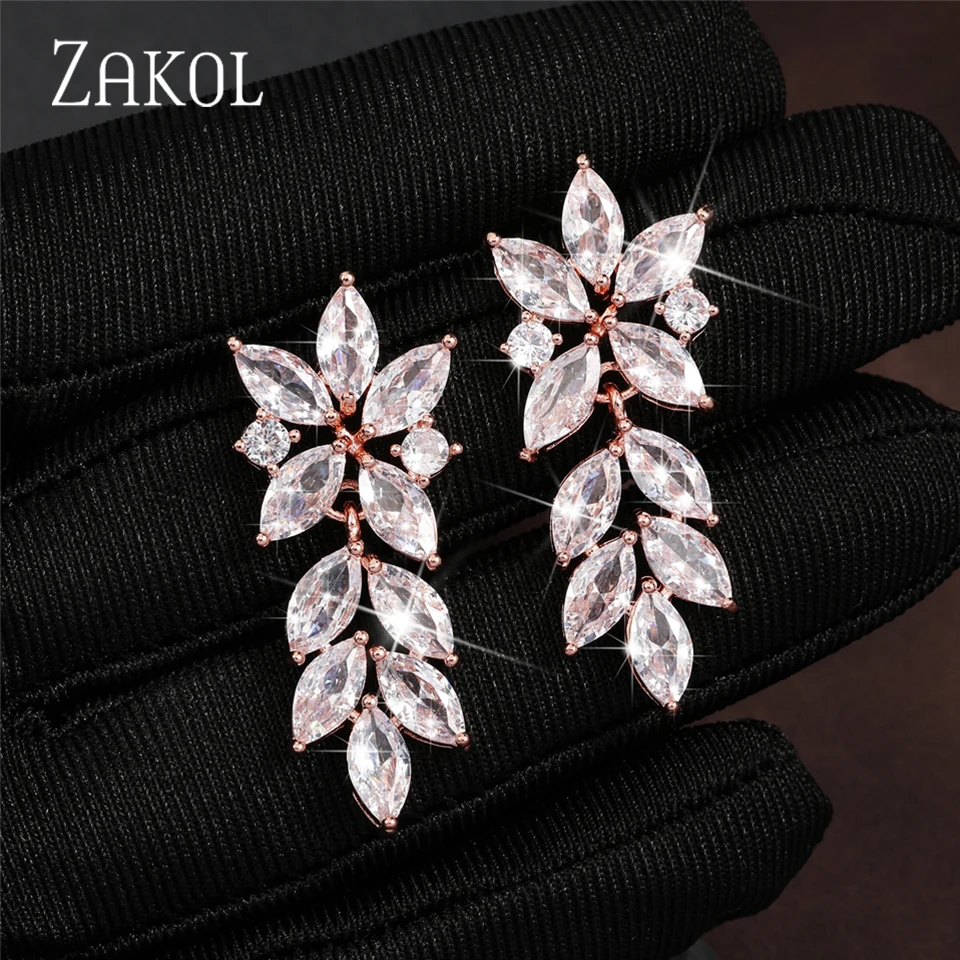 ZAKOL Simple Leaf Dangle Earrings for Women Shinny Cubic Zirconia Bridal Earring Statement Wedding Party Jewelry EP2445