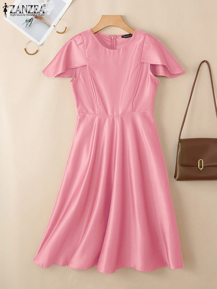 2025 zanzea elegante vestido de festa feminino verão trabalho ol vestidos escritório cetim vestido de verão elegante manga curta midi robe sólido