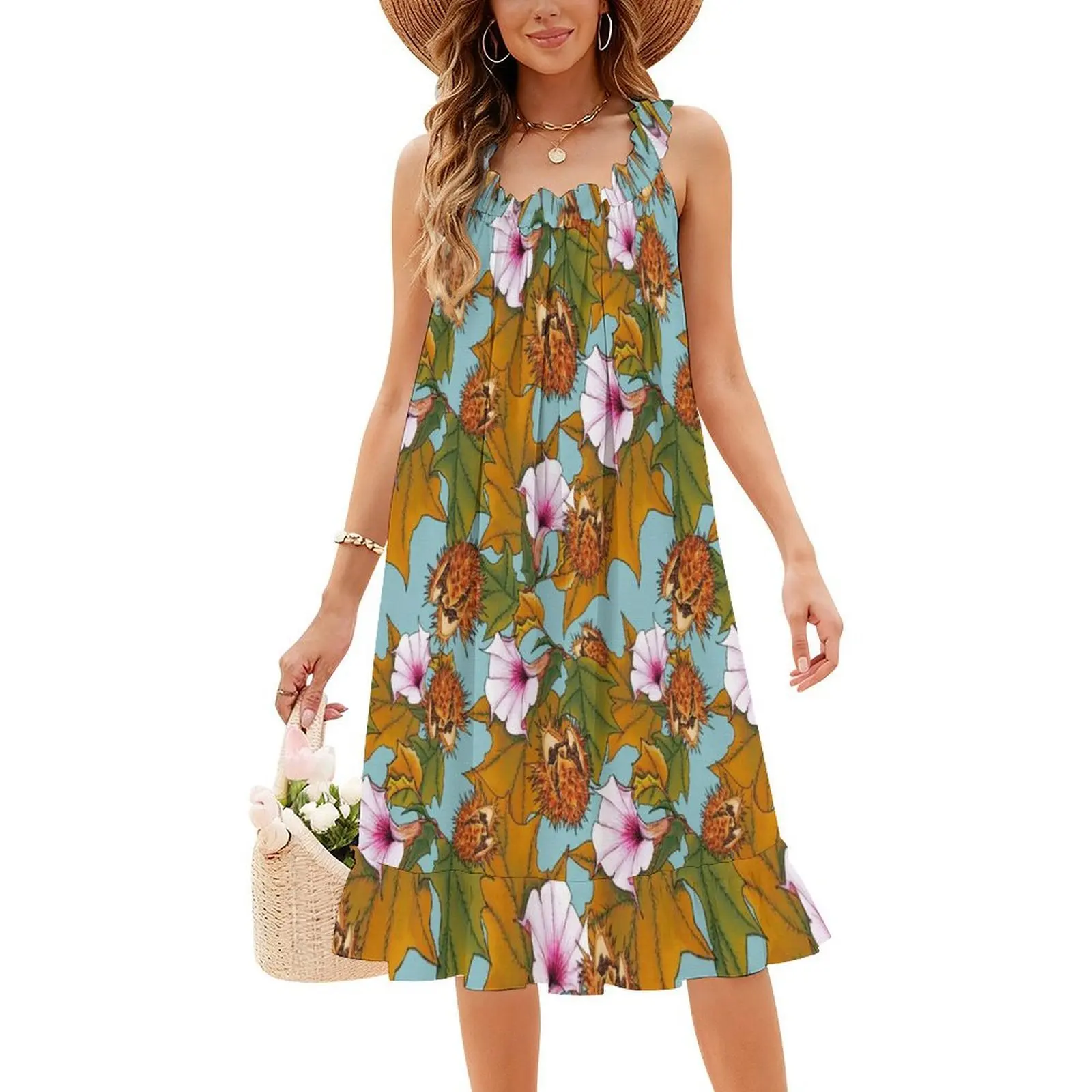 فستان Datura النسائي الهيب هوب ملابس الشارع الشهير مطبوع عليه رسومات جرافيكية للحفلات والنوادي ملابس نسائية بنمط زهور الداتورة