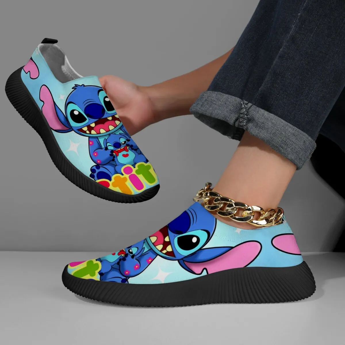 

Женские кроссовки Disney Stitch, туфли без шнуровки на плоской подошве, женские повседневные лоферы, прогулочная обувь, женская уличная мягкая спортивная обувь с сеткой