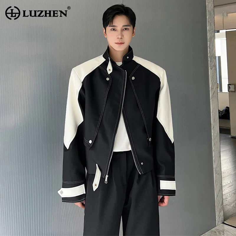 

LUZHEN Trendy Men's Jacket Korean Leather Color Contrast Spliced Design Coat 2024 New Stylish High Quality Street Clothes 032f23