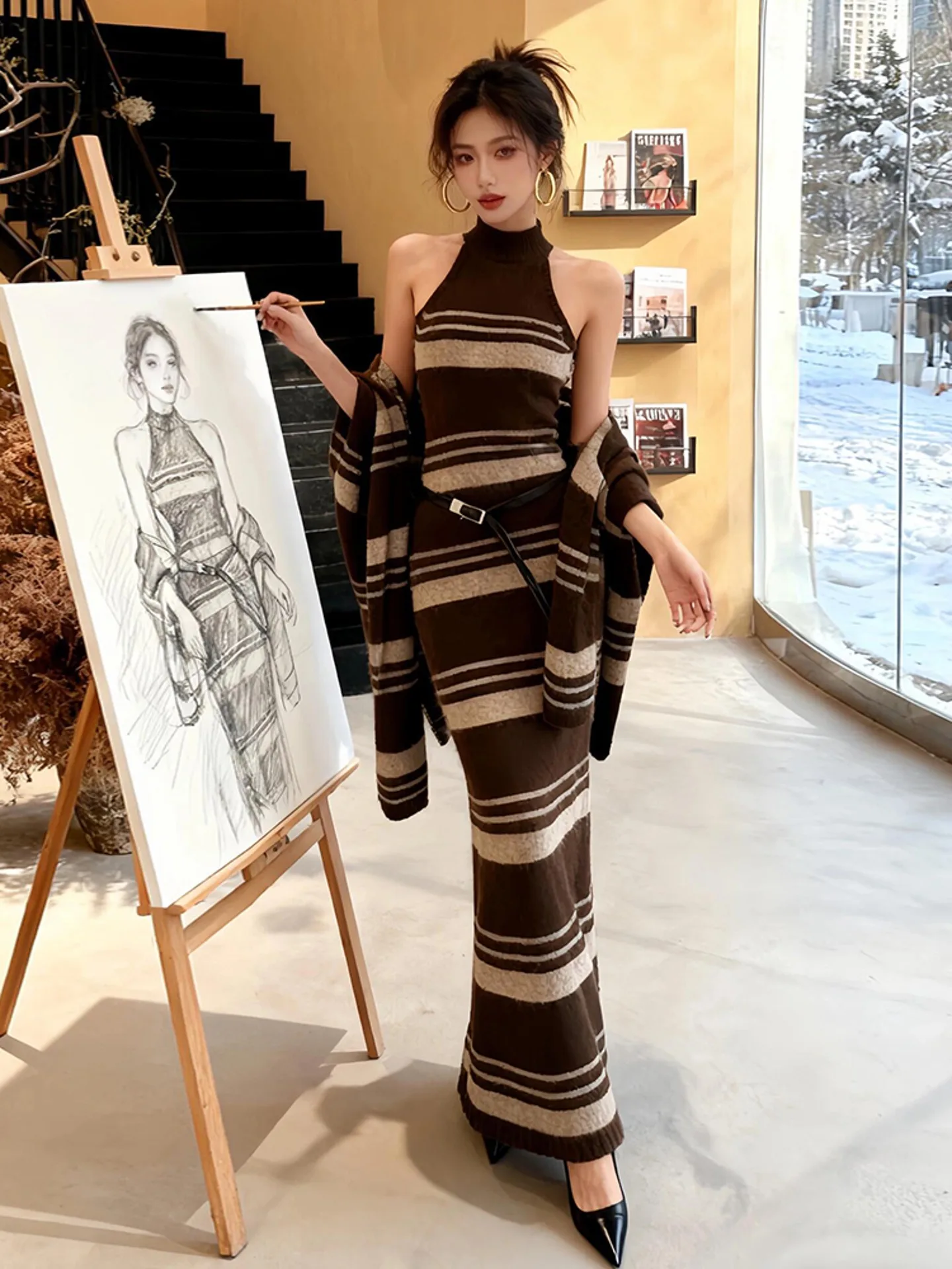 

Корейский комплект русалки на раннюю весну, винтажный полосатый вязаный кардиган, жилет, юбка, комплект из двух предметов, женский комплект Ele для похудения