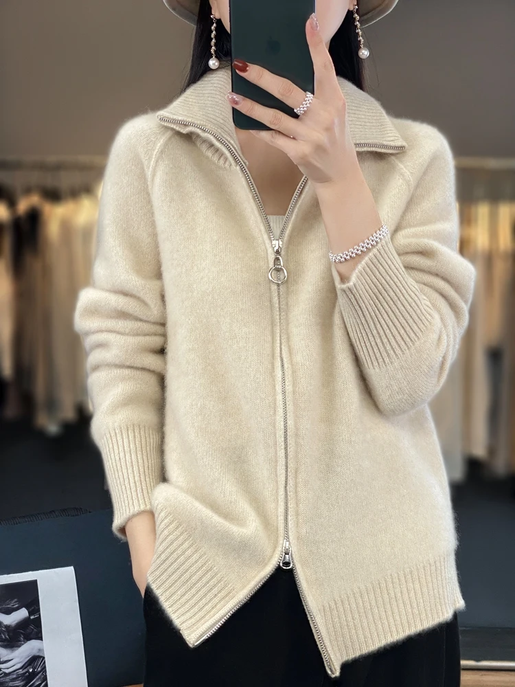 Wool Sweater Cardigan Women Turtleneck Long Sleeve Tops Zipper Fashion Loose Autumn Winter New Knitted Warm Outerwear Cardigan