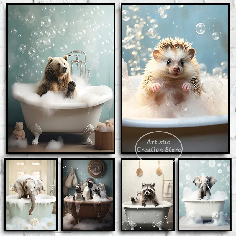 Funny Animal Poster Hedgehog Elephant Penguin Bear Bubble Canvas Painting Prints Wall Art Nordic Bathroom Home Decoration Gifts