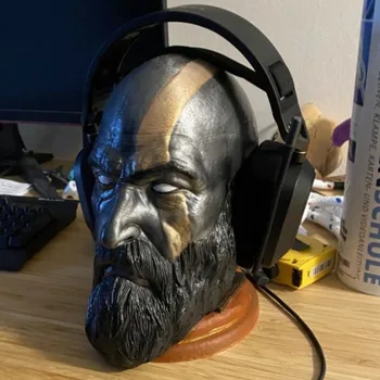 God of War Kratos Statue Headset Game Characters Toys Head Statue Desk Model Computer Headphone Stand Holder