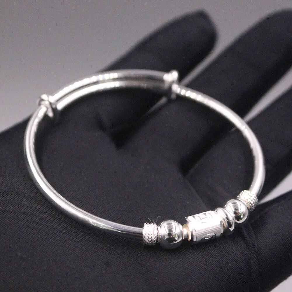 

21-22g Real 999 Fine Silver Bangle 2.36inch Dia. Adjustable With Coin-Tube Bead