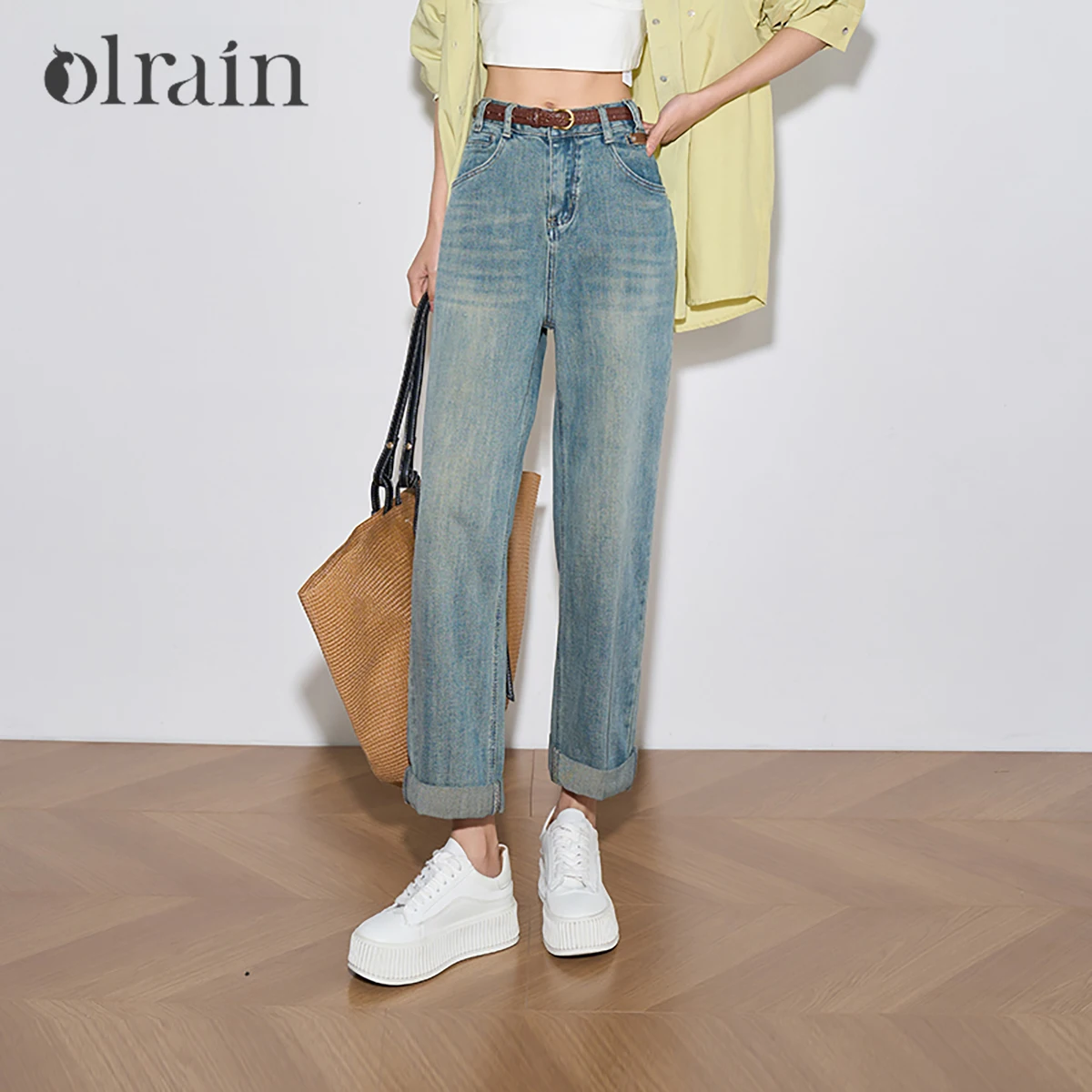 

OLrain Fashion Denim Jeans for Woman 2025 Autumn New Loose Fit Ankle Pants Pockets Vintage Casual Straight Trousers WO57QA91335