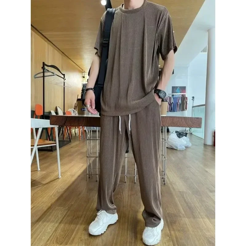 

Korean Plain T-shirts Pants Suits for Men Running Jogging Trousers Sets Jogger Korean FashionElastic High Quality Daily Outfits