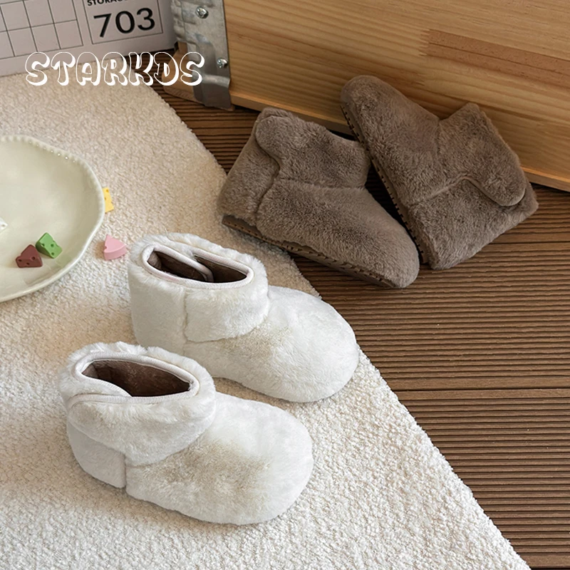 

Толстые меховые сапоги. Пушистые теплые плюшевые ботинки для маленьких мальчиков и девочек. Зимняя уличная хлопковая обувь без шнуровки с круглым носком на липучке.