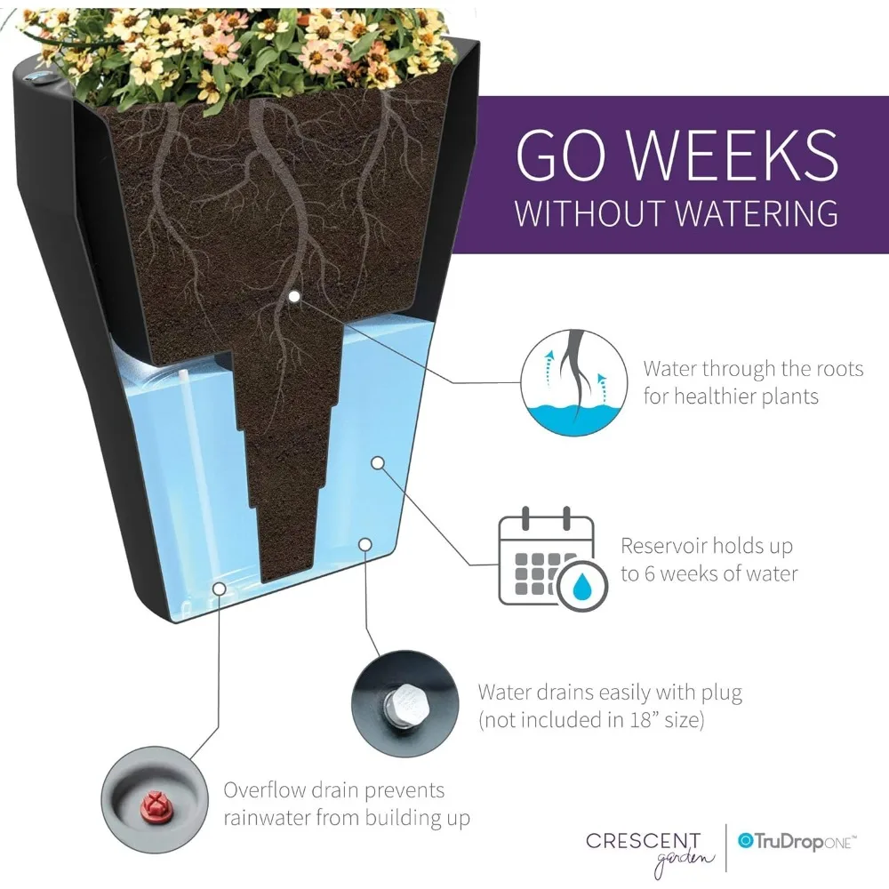 Plantador TruDrop Crescent Garden Rim, vaso de plantas com rega automática, 30 polegadas (preto caviar)