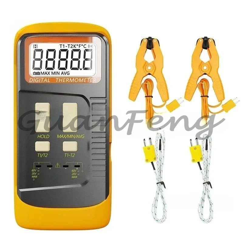 Digital K Type Thermocouple (-50-1300°C) Dual Channel, 2 Thermometer Pipe Clamp and 2 Sensor Probes