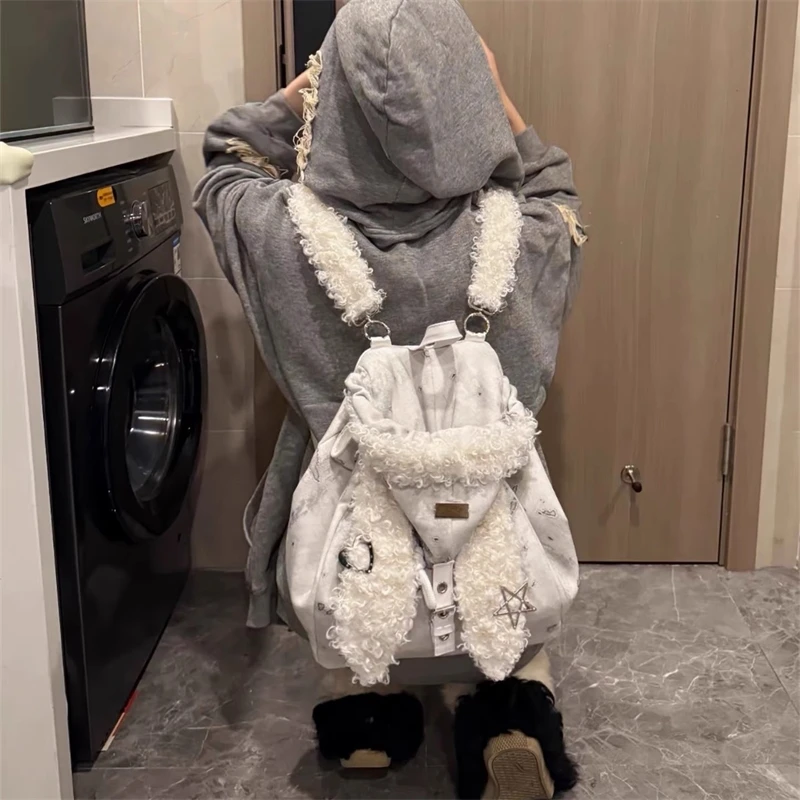 

Cute Rabbit Ear Plush Backpack For Women Soft Furry Large Capacity Bag 2025 Autumn Winter Fashion Travel School Daily Use