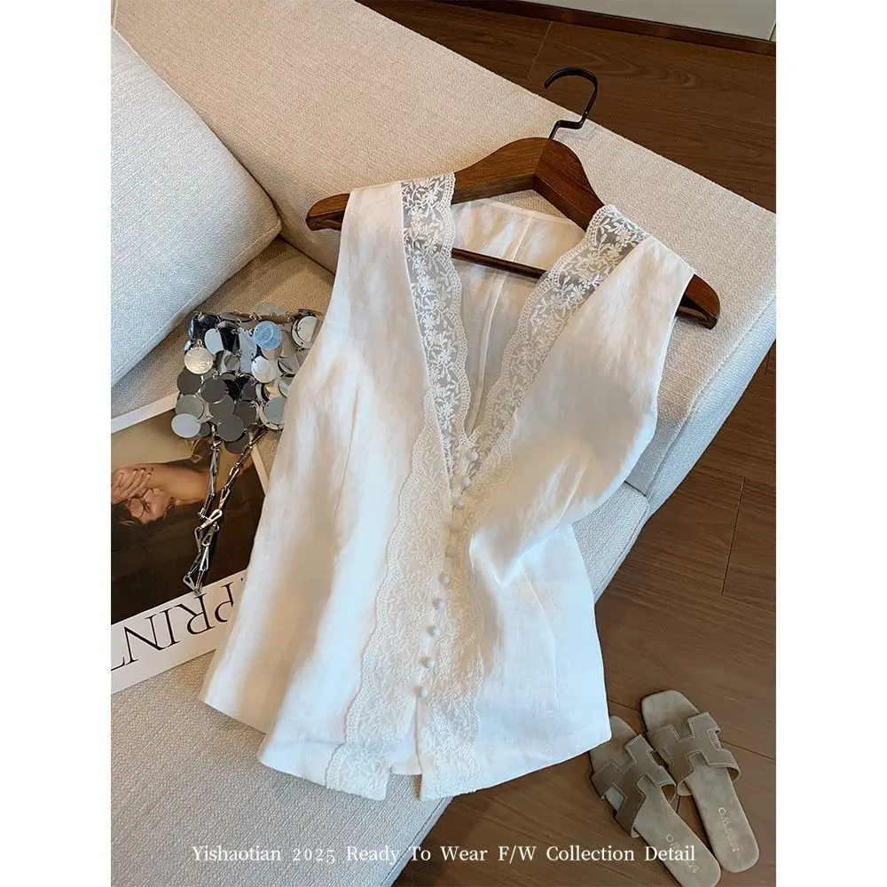 

Женские модные кружевные лоскутные рубашки без рукавов с v-образным вырезом, летние универсальные пуговицы, однотонная тонкая блузка, женская одежда, футболка