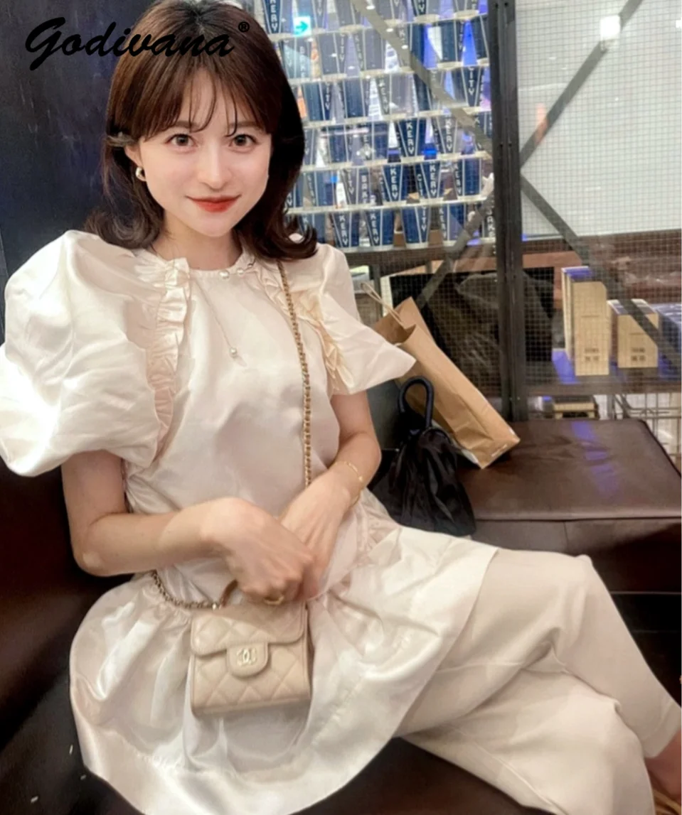 

Japanese Style Ladies Summer Retro Puff Sleeve Glossy Ruffled Top with Swing Elegant Women's Puffy Doll Shirt Blouses