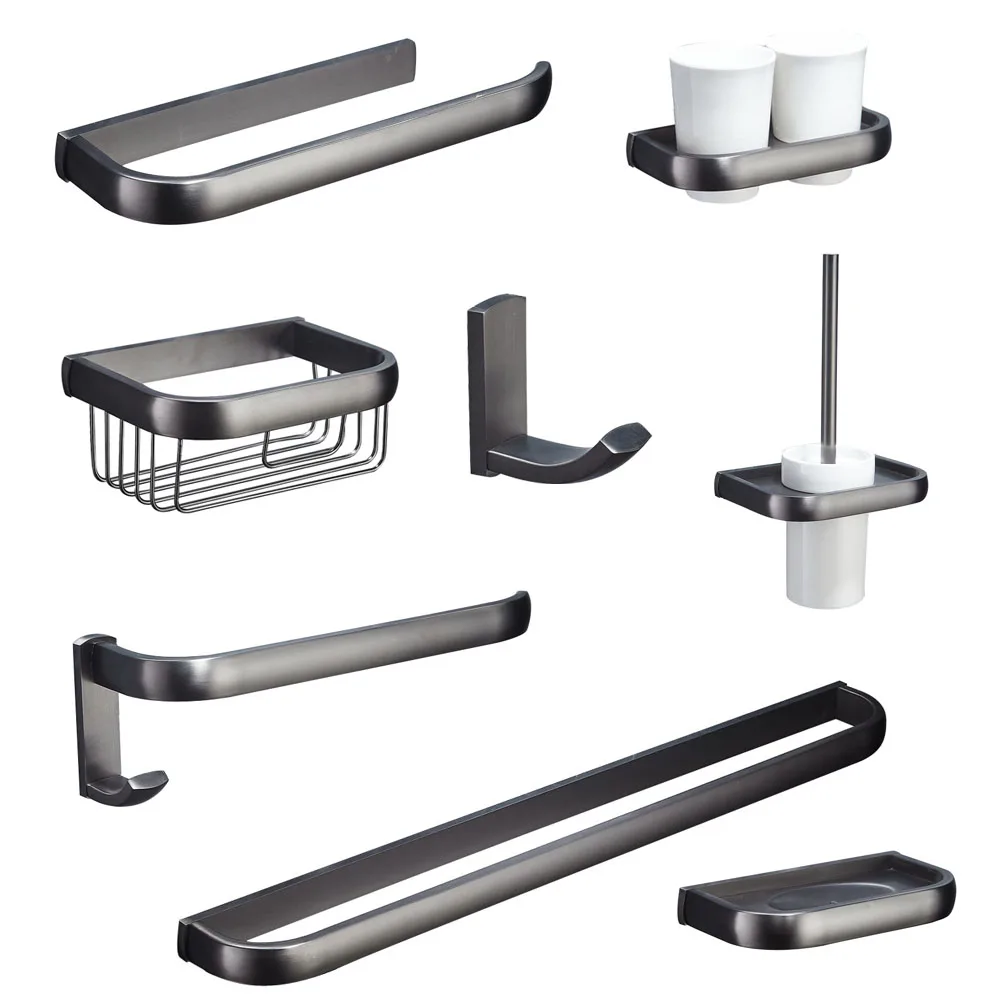 Gray Brass Bathroom Accessories Set Single/Dual Bars Towel Rack Shelf Hooks Soap Dish Toilet Paper Holder Shelf Hardware Kit