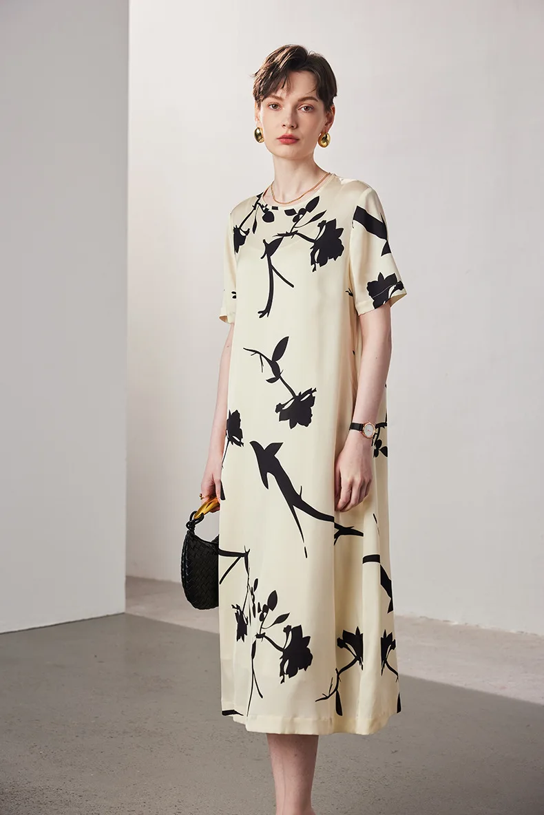 Short-Sleeved Luxury Silk Summer Dresses Women New White Printed Loose Long Dress 19 Momme Mulberry Silk Elegant Women's Dresses