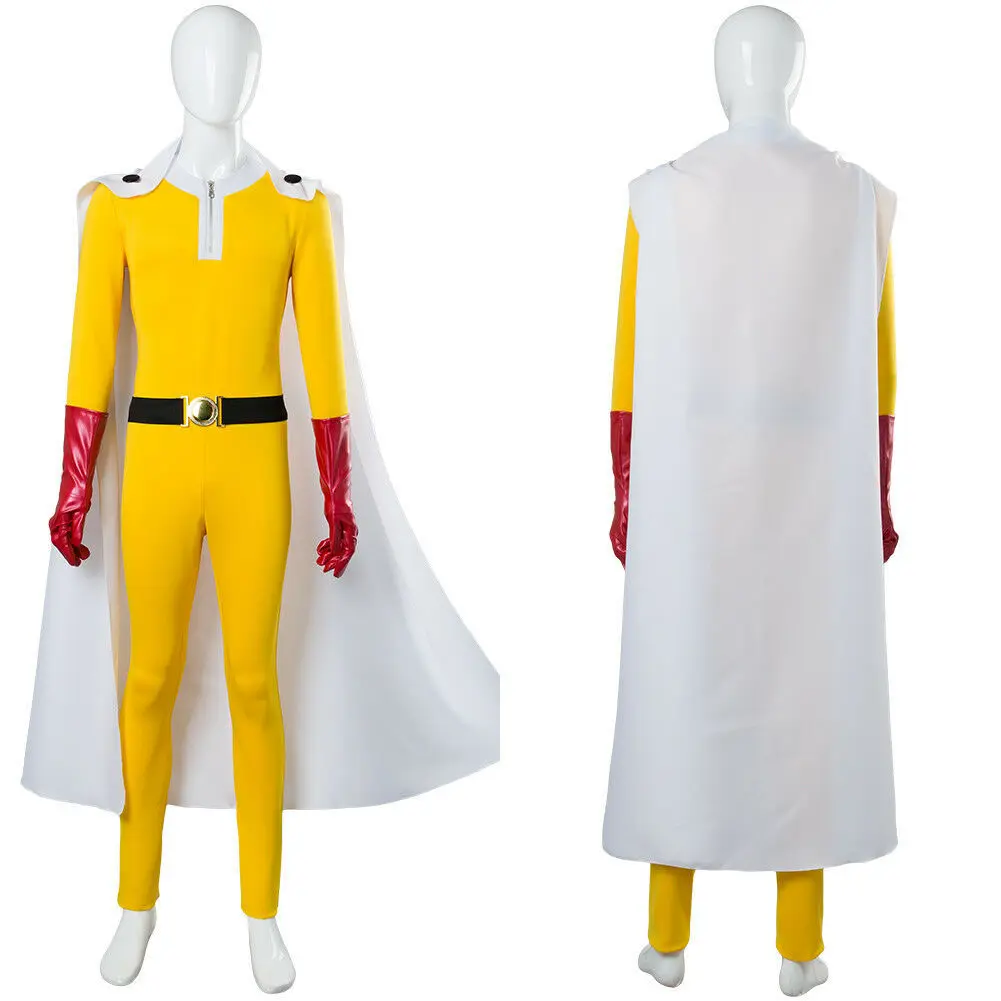 One Punch Man Saitama Cosplay Costume Adults Yellow Jumpsuit with Cloak Gloves Belt Halloween Carnival Party Outfit view 2