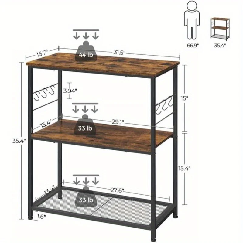 Baker’s Rack, Kitchen Shelf, Kitchen Island, Microwave Oven Stand with 3 Open Shelves, 6 Hooks, Metal Frame