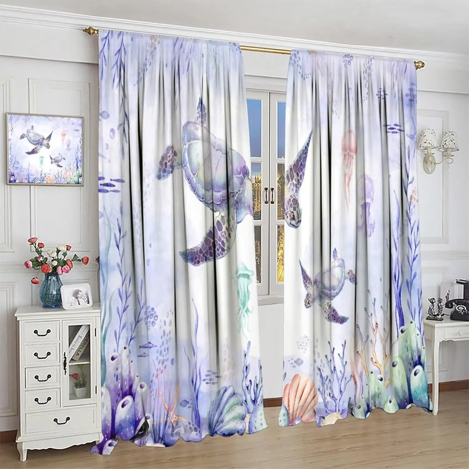 Sea Turtle Curtains Colorful Underwater World Jellyfish Coral Fish Watercolor Illustration Window Treatments for Boys Girls Kids