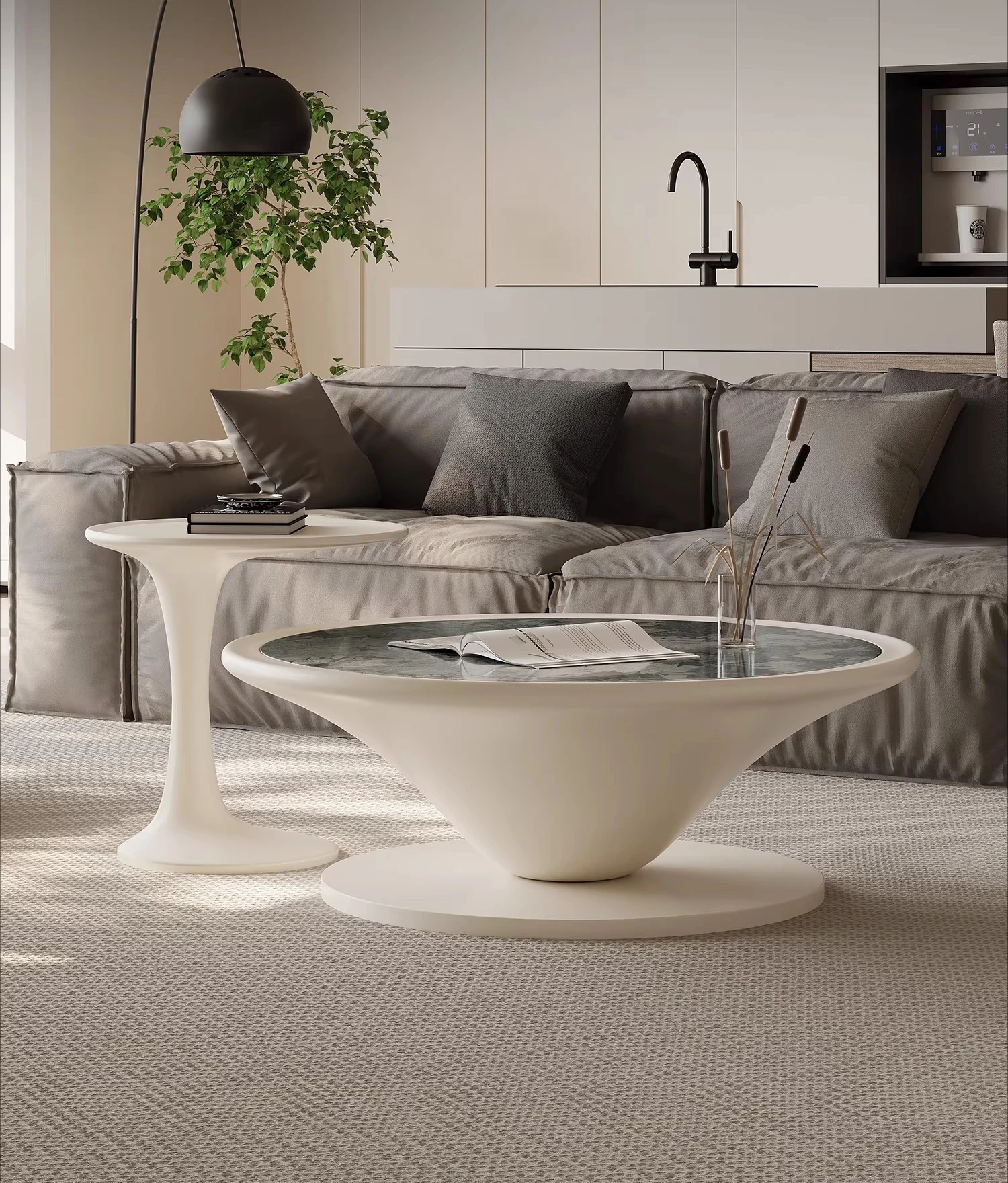 Wabi Sand Wind Art Coffee Table Combination Cream Wind Slate High-end Designer Household Solid Wood Round Small Apartment